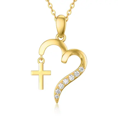 14K Gold Cubic Zirconia Cross & Heart Pendant Necklace