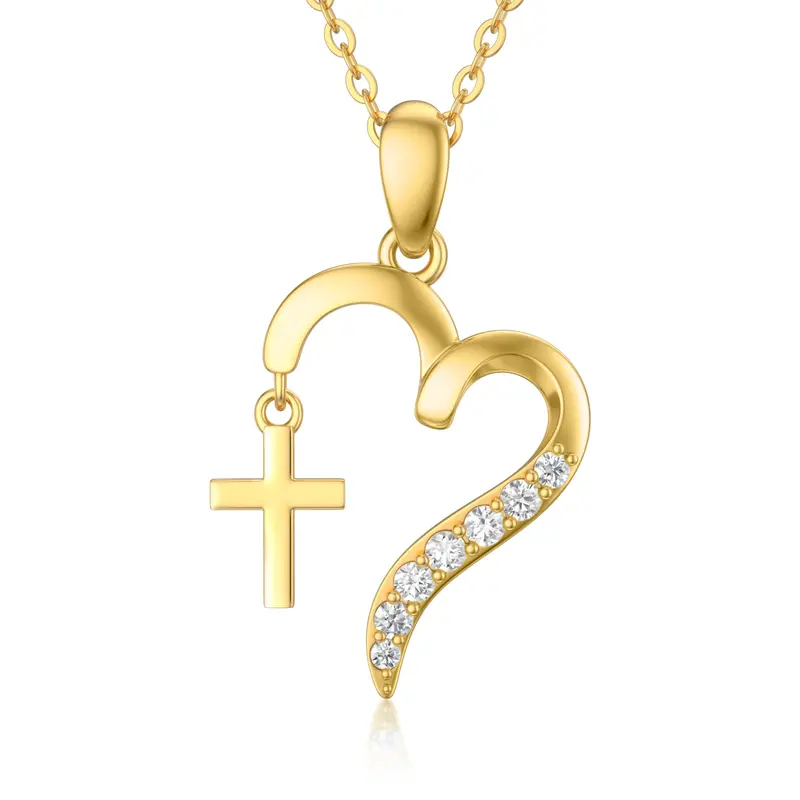 14K Gold Cubic Zirconia Cross & Heart Pendant Necklace