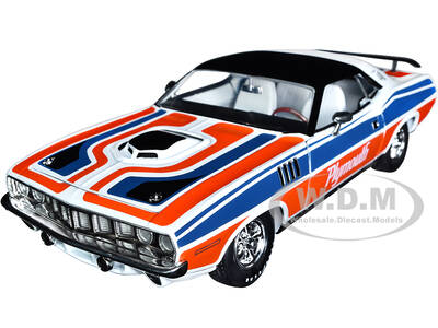1971 Plymouth Barracuda 440 Pearl White with Blue and Red Stripes and Black Top Limited Edition to 6550 pieces Worldwide 1/24...