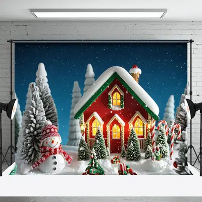 Aperturee Cute Red Little House Snowman Tree Christmas Backdrop - Aperturee