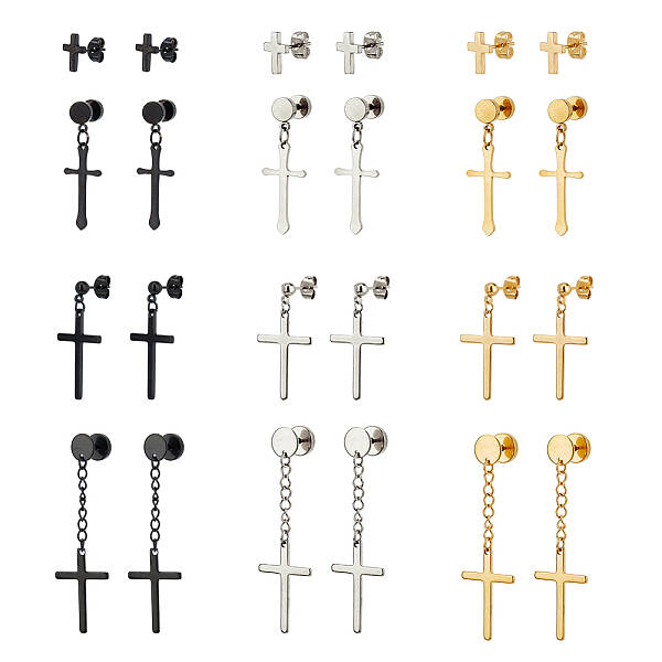 24Pcs 12 Style Stainless Steel Cross Stud Earrings with 304 Stainless Steel Pins for Women Men