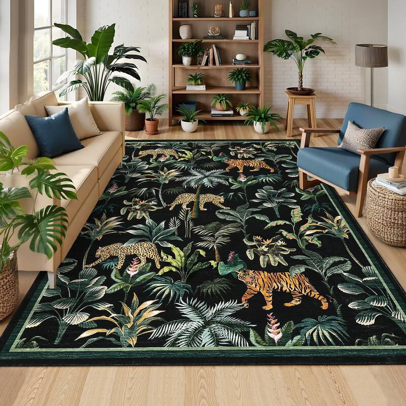 Garvee Black Tiger 9x12 Area Rug - Washable, Non-Slip, Low Pile Polyester - Stain-Resistant, Soft, Foldable - Living Room, Be...