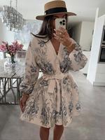 Women's Floral Print Tie Waist Dress, Elegant V Neck Bishop Sleeve Dress, Women's Spring & Fall Clothing, Classy Modest Dress...