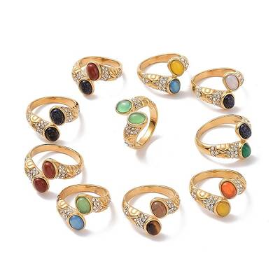Gemstone Oval Open Cuff Ring with Crystal Rhinestone