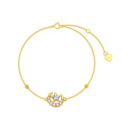 14K Gold Cubic Zirconia Moon & Star Charm Bracelet