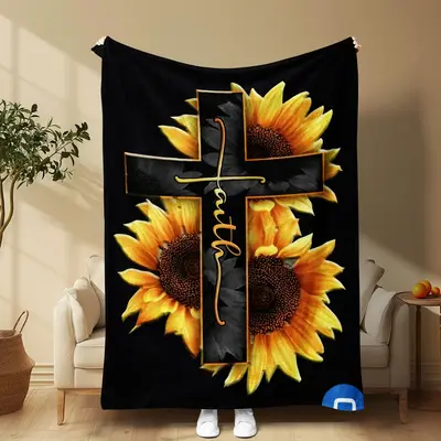 Sunflower & Cross Pattern Blanket, Soft Comfortable Throw Blanket, Cool Bedroom Bedding Blankets, Warm Napping Blanket for Ho...