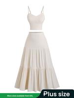 【Plus Size】 Two-Piece Set Solid Crop Cami Top & A-line Skirt, Casual Sleeveless Top & Ruffle Trim Skirt for Daily Wear, W...