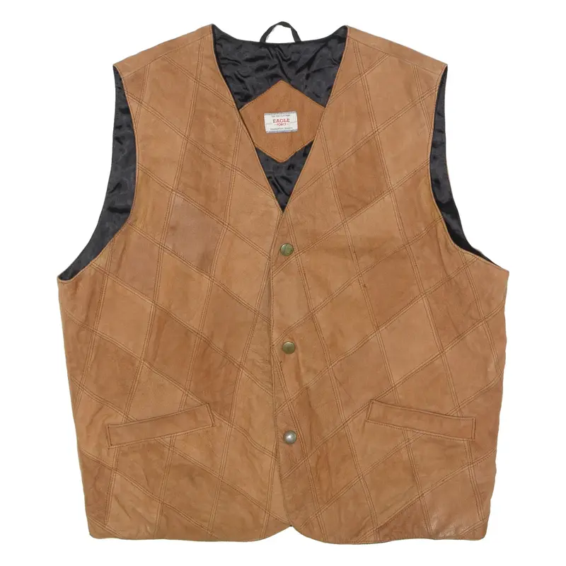 EAGLE FORCE Mens Waistcoat Brown Leather 90s Diamond XL