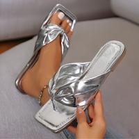 Women's Ruched Strap Flat Sandals Open-Toe Beach Slippers with Square Toe Design Outdoor Flip Flops