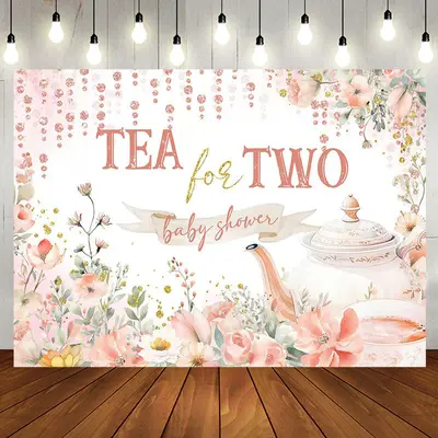 Tea For Two Cup Pink Floral Baby Shower Backdrop - Aperturee