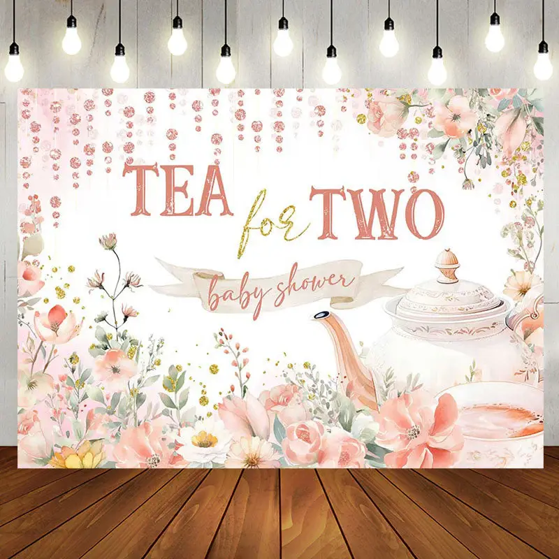 Tea For Two Cup Pink Floral Baby Shower Backdrop - Aperturee