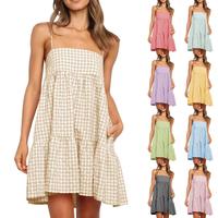Yousify Womens Cute Plaid A-line Summer Beach Dresses Spaghetti Straps Ruffle Hem Casual Mini Dress with Side Pocket