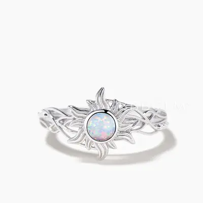 Round Cut White Opal Sun Engagement Ring Bezel Setting Nature Inspired Ring