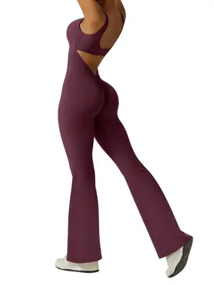 Women's Solid U Neck Flare Leg Sports Jumpsuit, Casual Comfy Breathable Sleeveless Jumpsuit for Yoga Gym Workout, Ladies Spor...