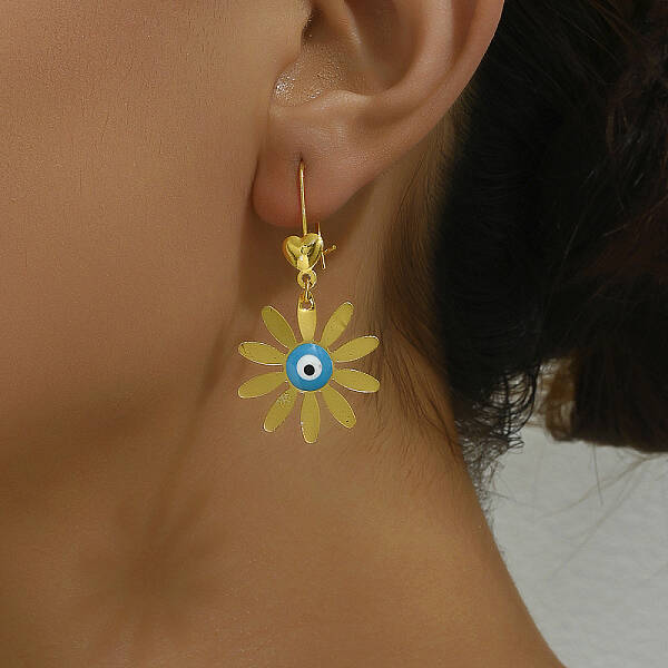 Classic Fashionable Alloy Dainty Daisy with Evil Eye Hoop Earrings