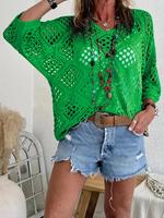 【Plus Size】women's Solid Hollow Out Sweater, Casual V Neck Batwing Sleeve Top for Summer, Women's Baggy Knitwear for Dail...