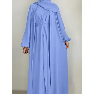 Women's Solid Color Abaya & Belted Muslim Dress Set, Chic Modest Casual Long Sleeve Open Front Outerwear & Dress Set for Musl...