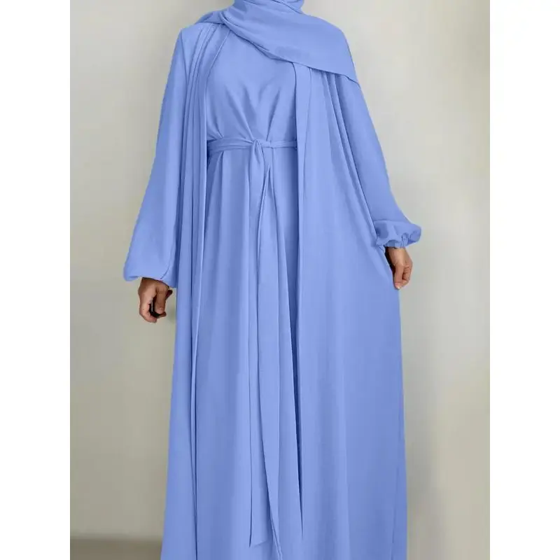 Women's Solid Color Abaya & Belted Muslim Dress Set, Chic Modest Casual Long Sleeve Open Front Outerwear & Dress Set for Musl...