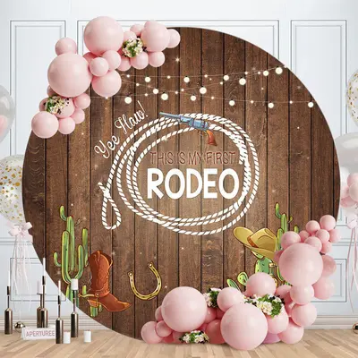Aperturee First Rodeo Cowboy Wood Round Birthday Backdrop | Round Birthday Backdrop Cover | Round Backdrop Fabric Cover | Rou...