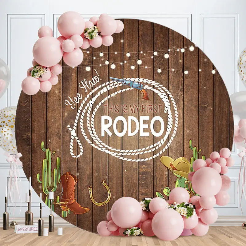 Aperturee First Rodeo Cowboy Wood Round Birthday Backdrop | Round Birthday Backdrop Cover | Round Backdrop Fabric Cover | Rou...