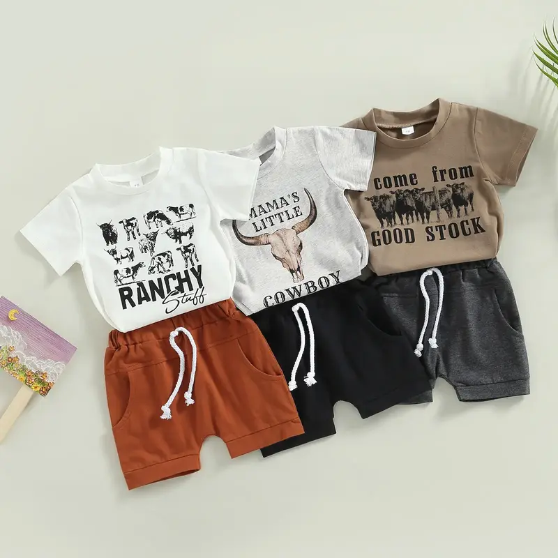 Baby Boys 2Pcs Summer Outfits, Short Sleeve Cow Letter Print T-Shirt + Knot Front Shorts Set
