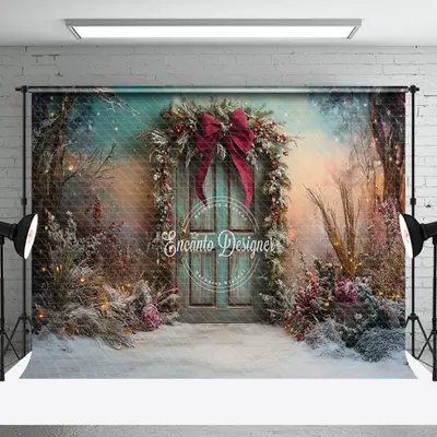 Aperturee Green Retro Wooden Door Bow Tie Christmas Backdrop - Aperturee