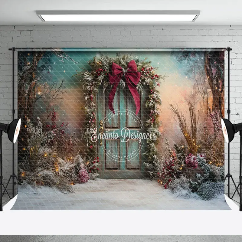 Aperturee Green Retro Wooden Door Bow Tie Christmas Backdrop - Aperturee