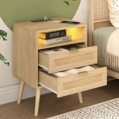 Vabches Rattan Nightstand With Charging Station USB Port Led Lights And 2 Storage Drawers