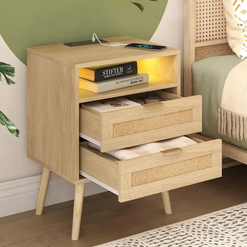 Vabches Rattan Nightstand With Charging Station USB Port Led Lights And 2 Storage Drawers
