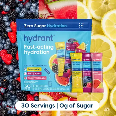HYDRANT Sugar-Free Electrolyte Drink Mix Variety Pack - 30 Sticks | No Stevia, Real Fruit Juice Powder | Lemonade Flavor | He...