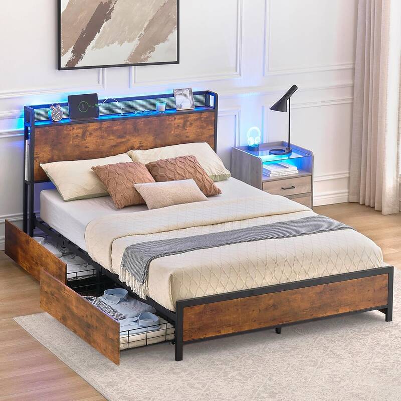 Garvee Queen Size Bed Frame with Storage Headboard and 4 Drawers, Platform Bed Frame with Charging Station and LED Lights, Me...