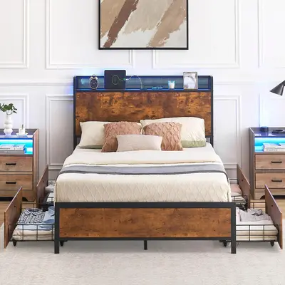 Garvee Queen Size Bed Frame with Storage Headboard and 4 Drawers, Platform Bed Frame with Charging Station and LED Lights, Me...