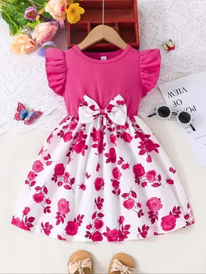 Girl's Floral Print Bow Decor Dress, Cute Butterfly Sleeve Dress for Summer, Kids Clothes for Daily Wear