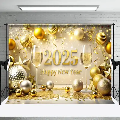 Aperturee Dazzling Golden Beer Ribbon Happy New Year Backdrop - Aperturee