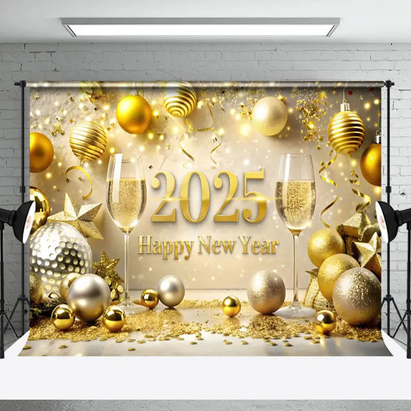 Aperturee Dazzling Golden Beer Ribbon Happy New Year Backdrop - Aperturee