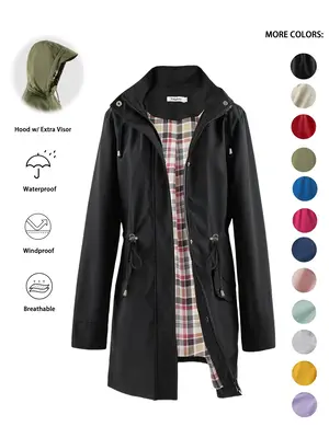 Women's Solid Color Drawstring Zip Up Hooded Trench Coat, Casual Breathable Long Sleeve Waterproof Windproof Outerwear for Sp...