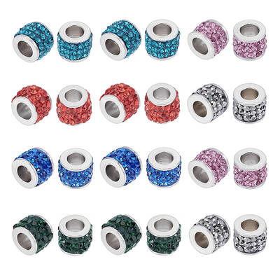 UNICRAFTALE 24pcs 6 Colors Column European Beads with Polymer Clay Rhinestone 304 Stainless Steel Beads Fit European Bracelet...