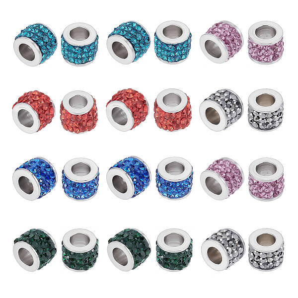 UNICRAFTALE 24pcs 6 Colors Column European Beads with Polymer Clay Rhinestone 304 Stainless Steel Beads Fit European Bracelet...
