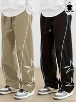 【Plus Size】 Star Pattern Drawstring Waist Pants, Casual Comfy Pocket Design Wide Leg Trousers for Daily Wear, Men's Botto...