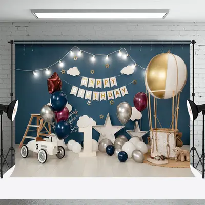 Blue Wall Balloon 1st Birthday Cake Smash Backdrop - Aperturee