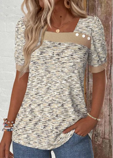 Modlily Light Coffee Button Short Sleeve Asymmetrical Neck T Shirt - XXL