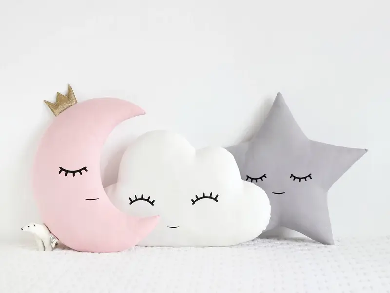 Set of 3 Pillows - White Cloud, Pale Pink Crescent Moon and Light Gray Star Pillows