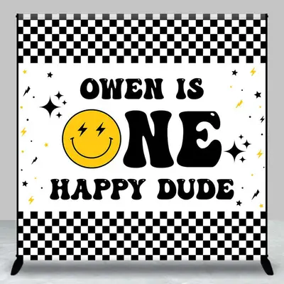 Custom Groovy Black White Plaid 1st Birthday Backdrop - Aperturee