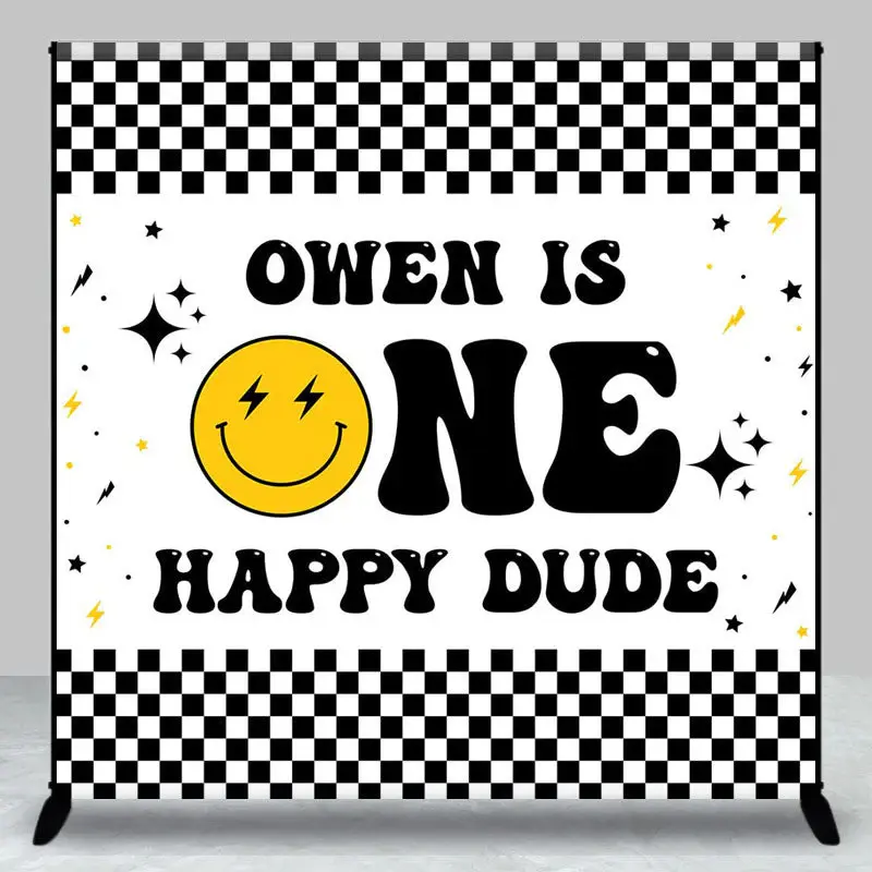 Custom Groovy Black White Plaid 1st Birthday Backdrop - Aperturee