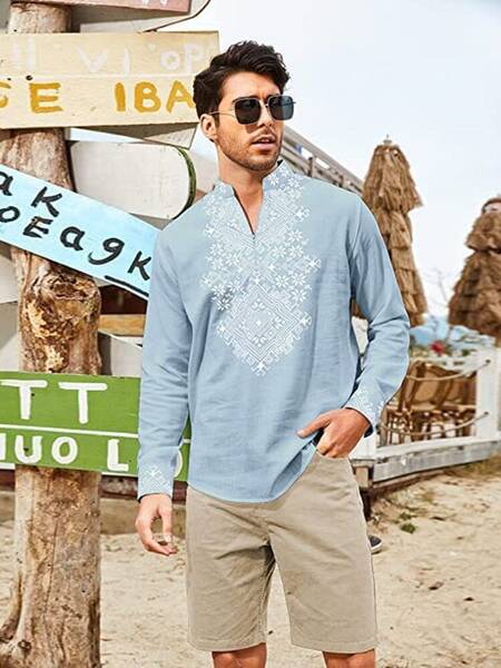 Henley Long Sleeve Shirt (US Only), Light Blue / L
