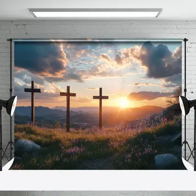 Aperturee Natural Sunset Sky Cloud Cross Field Easter Backdrop, 3X2FT(1MX0.6M), 14 USD, easter backdrops, NYHD6I27-M