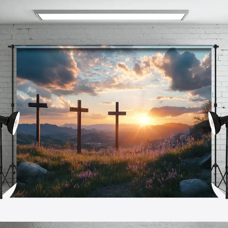 Aperturee Natural Sunset Sky Cloud Cross Field Easter Backdrop, 3X2FT(1MX0.6M), 14 USD, easter backdrops, NYHD6I27-M