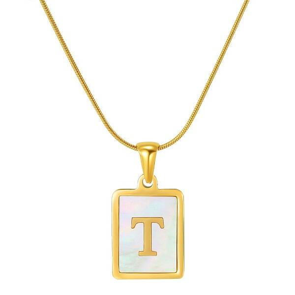 Stainless Steel Snake Bone Chain Alphabet Necklace with Shell Pendant
