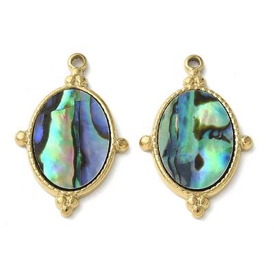 Oval 304 Stainless Steel Natural Paua Shell/White Shell Pendants