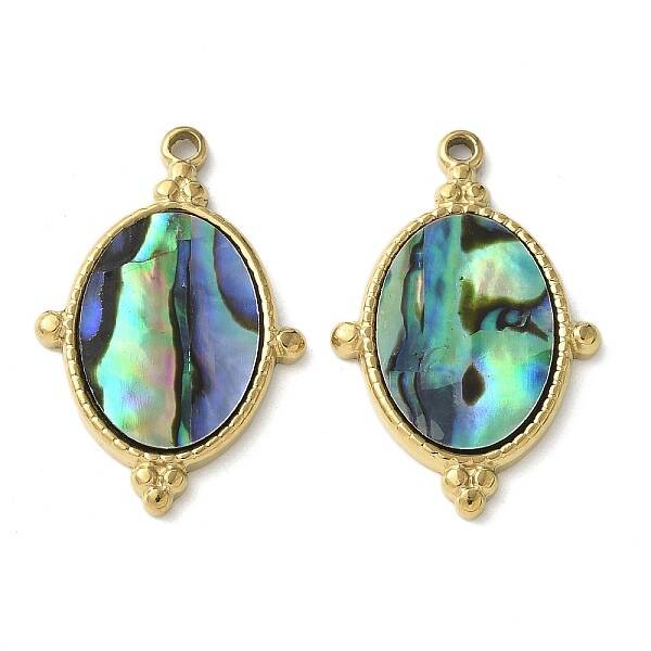 Oval 304 Stainless Steel Natural Paua Shell/White Shell Pendants